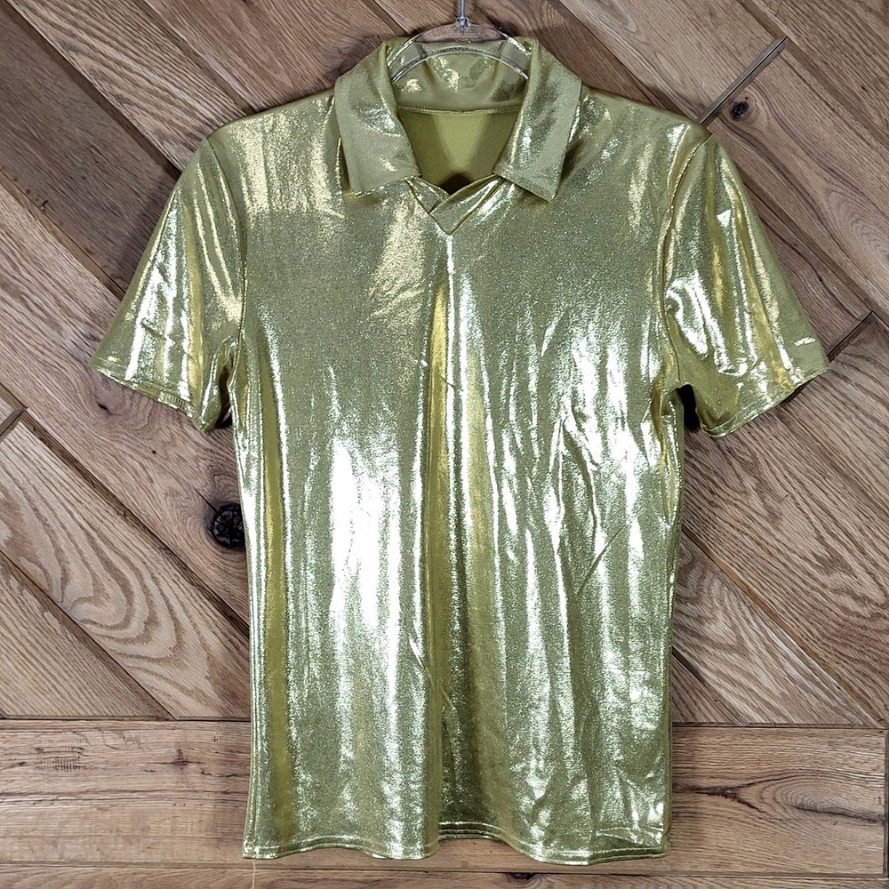 Vtg 80s Kelle Polo Shirt Teen Metallic Gold Shiny Dance Performance Top Gold USA